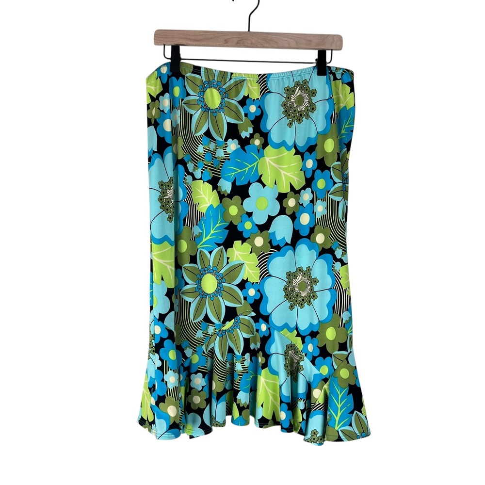 Y2K Ruffle Hem Midi Skirt Retro Floral Notations Women's Blue Green Size L